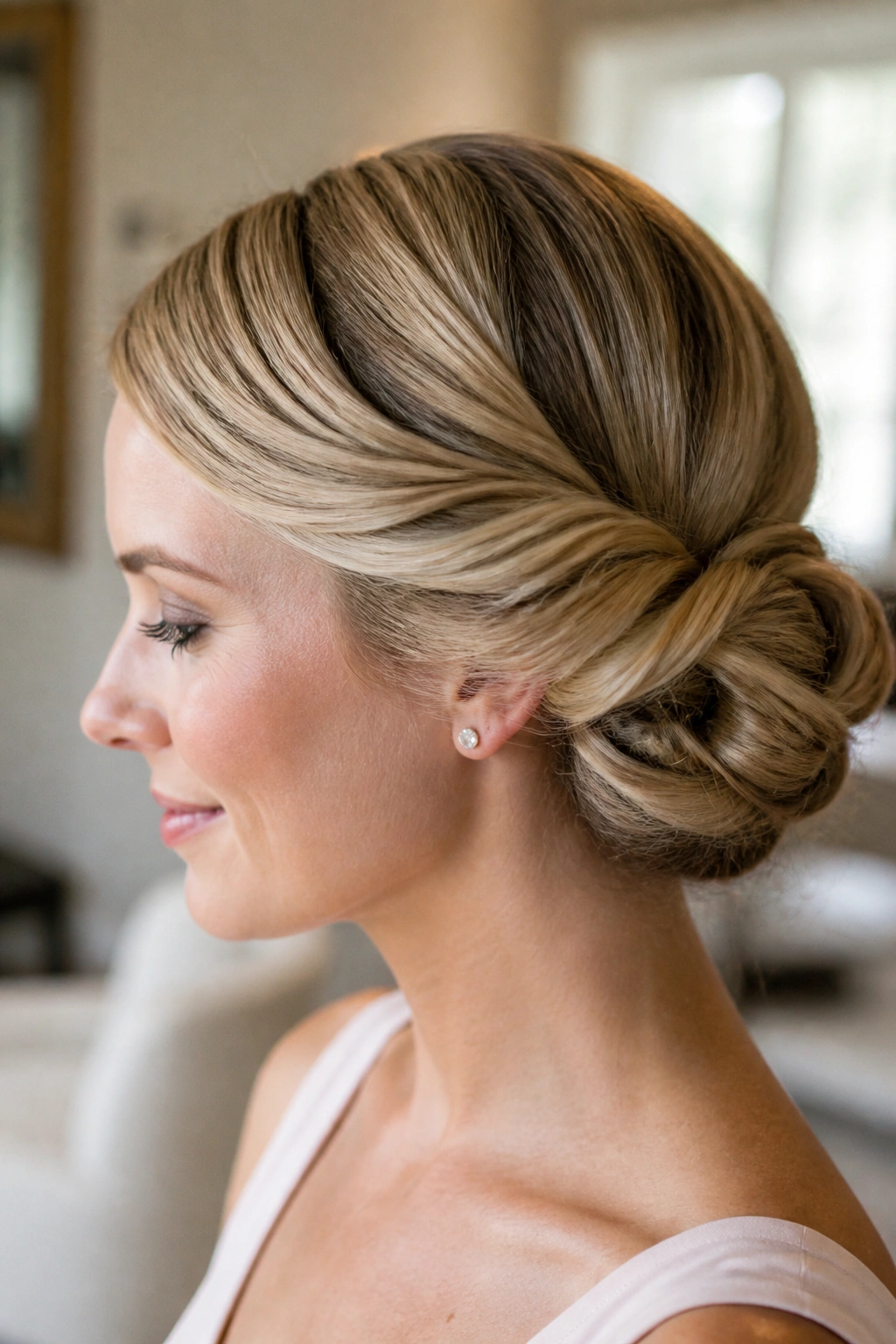 Profile of a real woman wearing a side-swept twist chignon behind the ear
