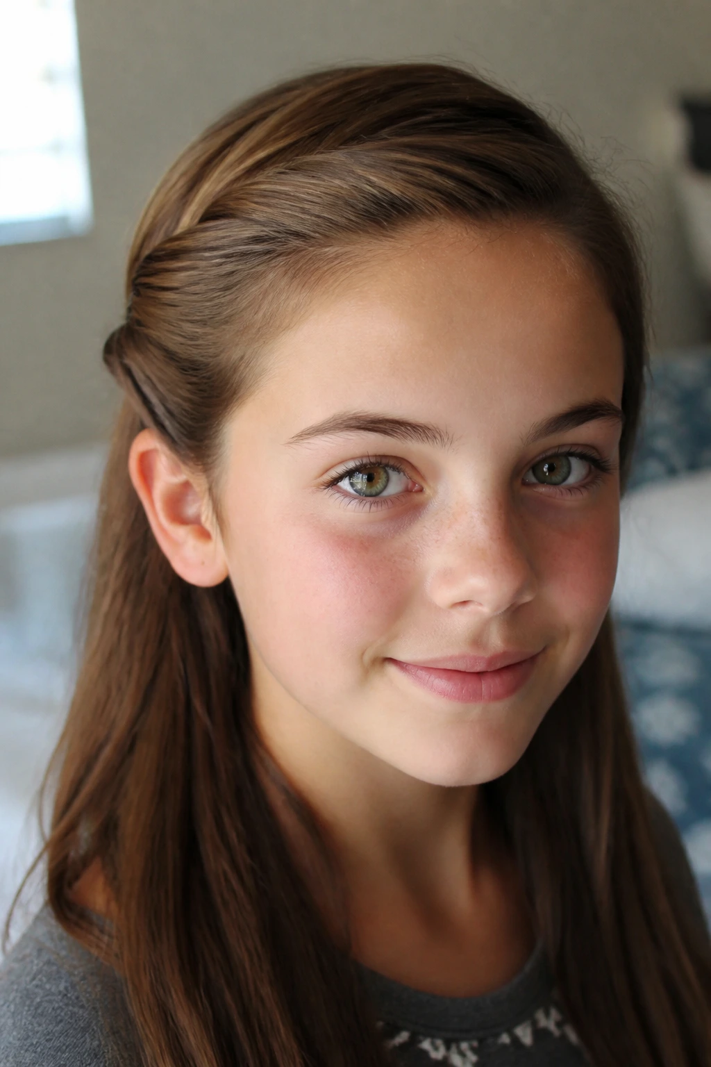 Real girl with a side swept twist behind the ear in soft morning light.