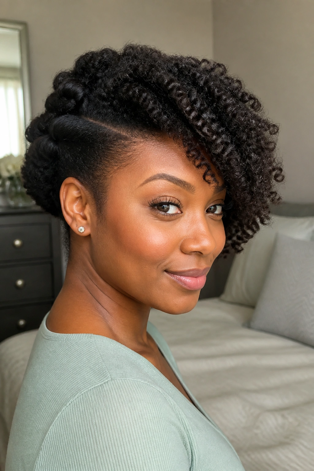 Portrait of a real woman with side-swept twist out.