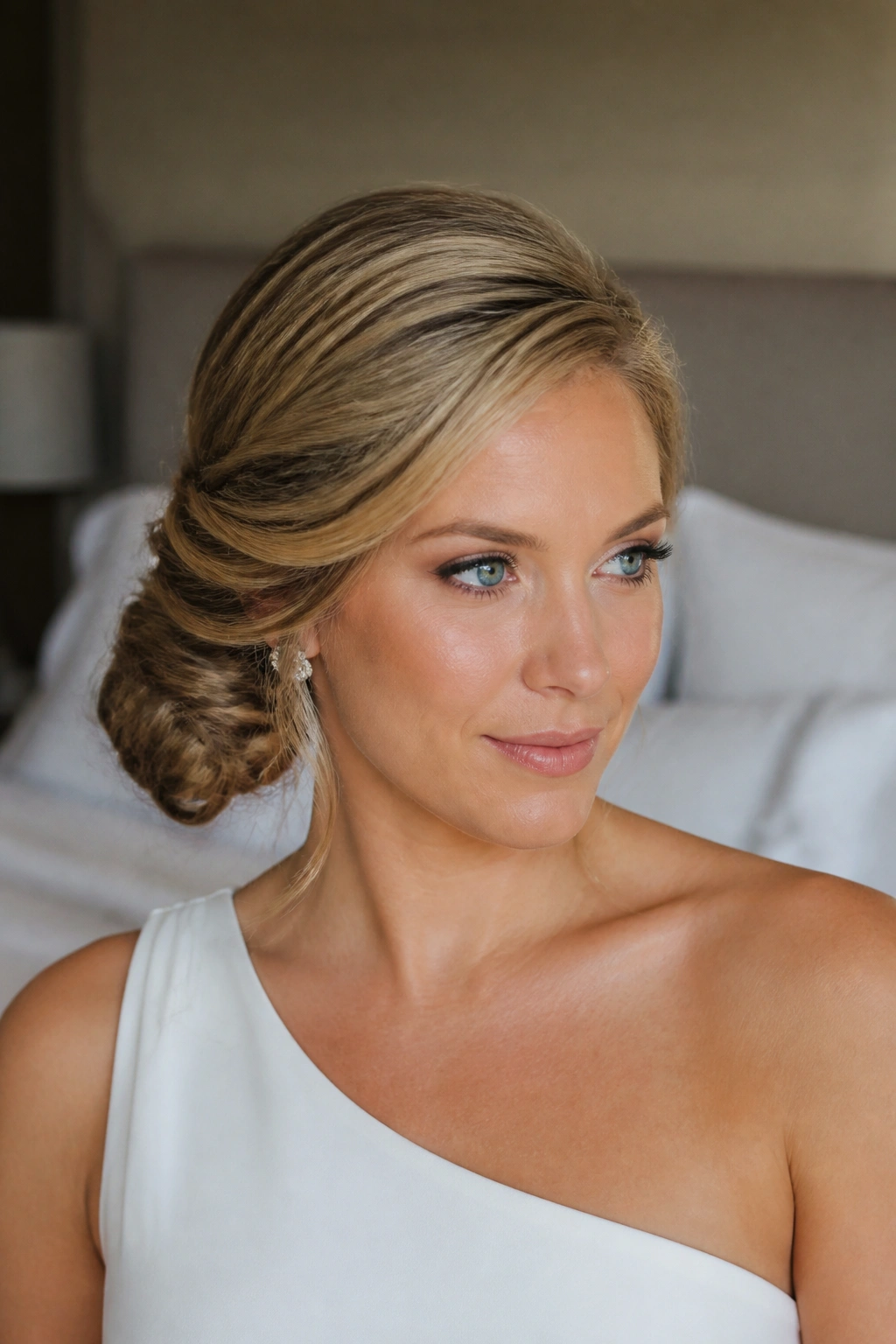 Close-up of a real woman with a side-swept twisted bun
