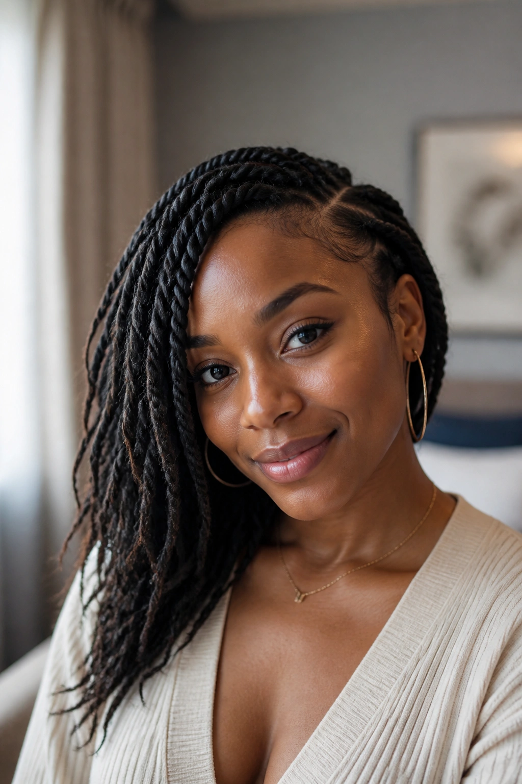 Close-up portrait with side-swept twists.