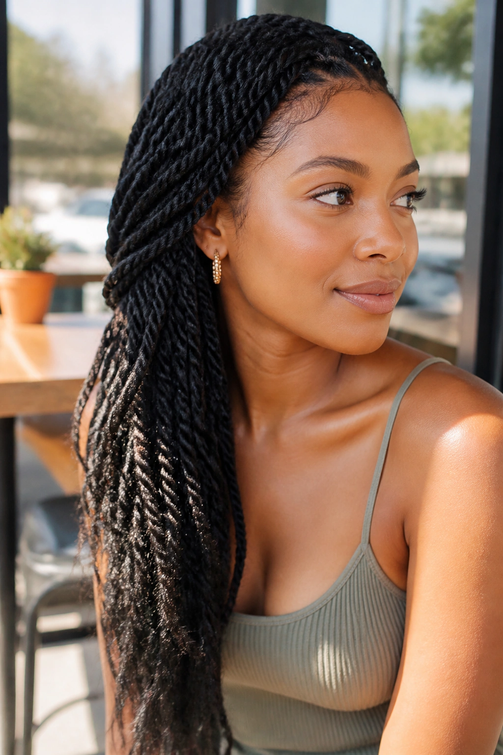 Real woman with side-swept twists cascading over one shoulder