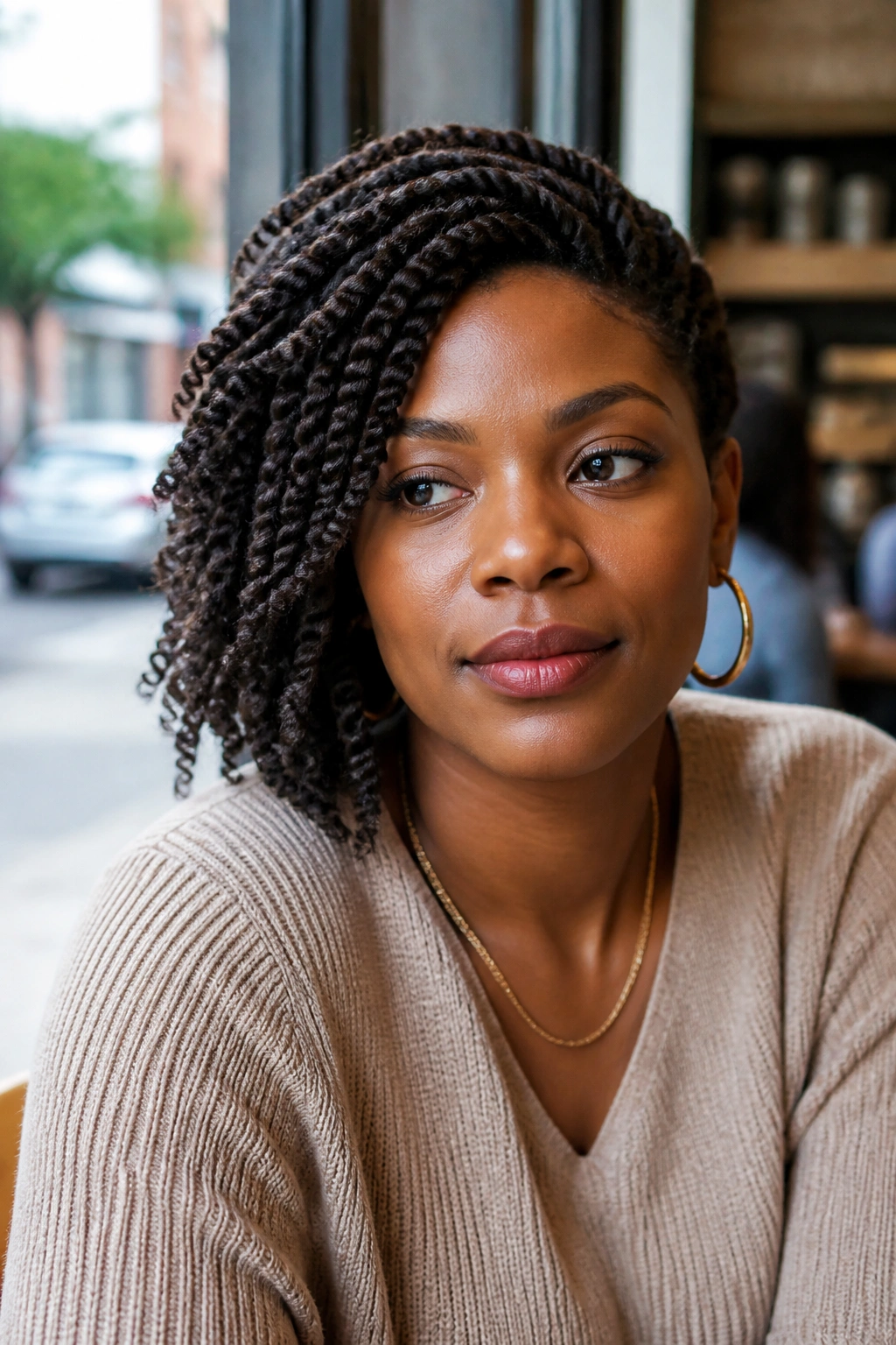 Real person with side-swept twists in a cafe window setting