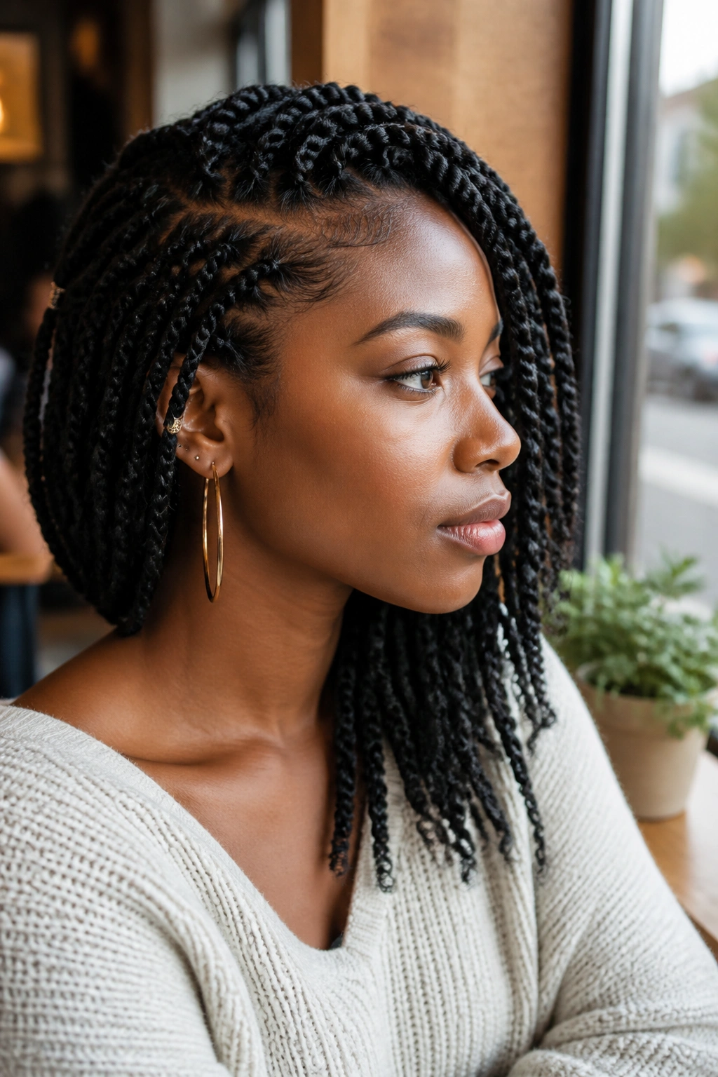 Side-profile portrait of a real Black woman with side-swept two-strand twists