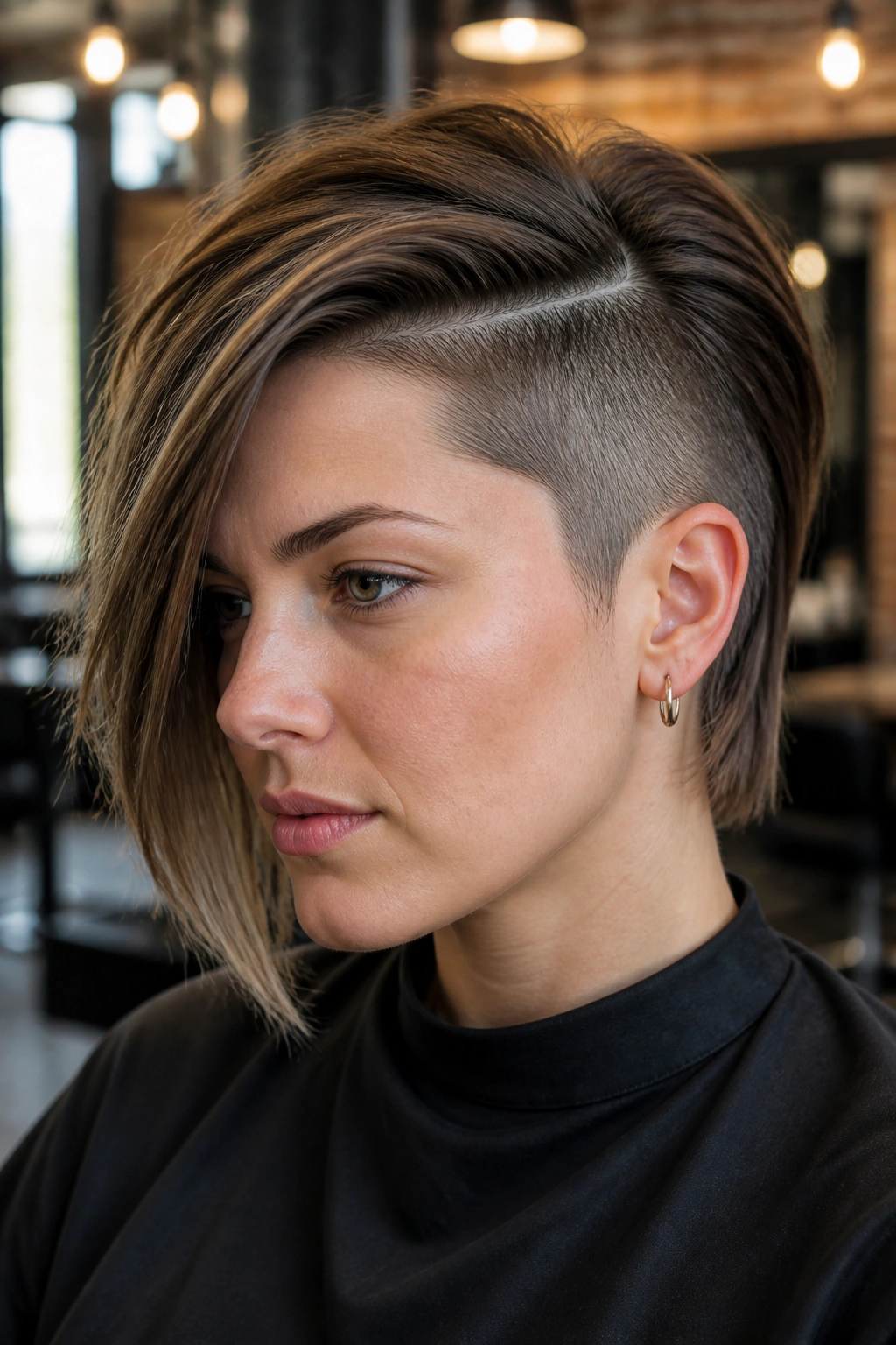 Close-up portrait of a real person with a side-swept layered undercut and soft top hair in natural window light.