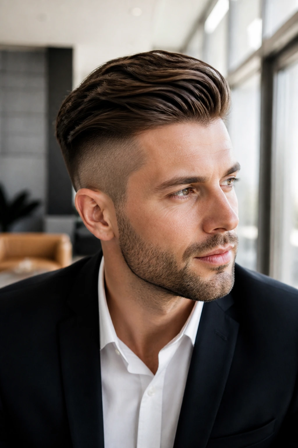 Man with side-swept undercut, long top swept to the side in an elegant formal look.