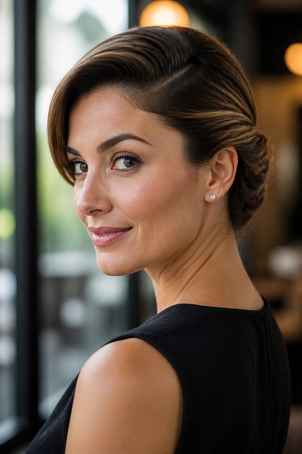 Profile portrait of a woman with a sleek, side-swept updo tucked behind the ear.