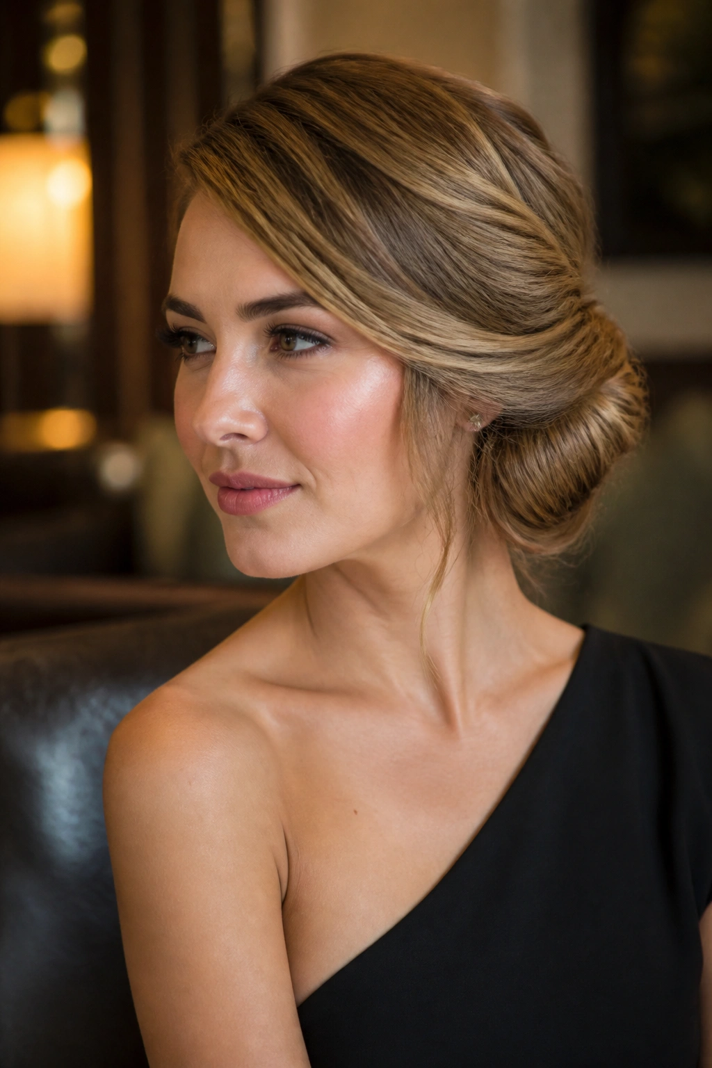 Portrait of a woman with a side-swept updo, warm interior lighting.