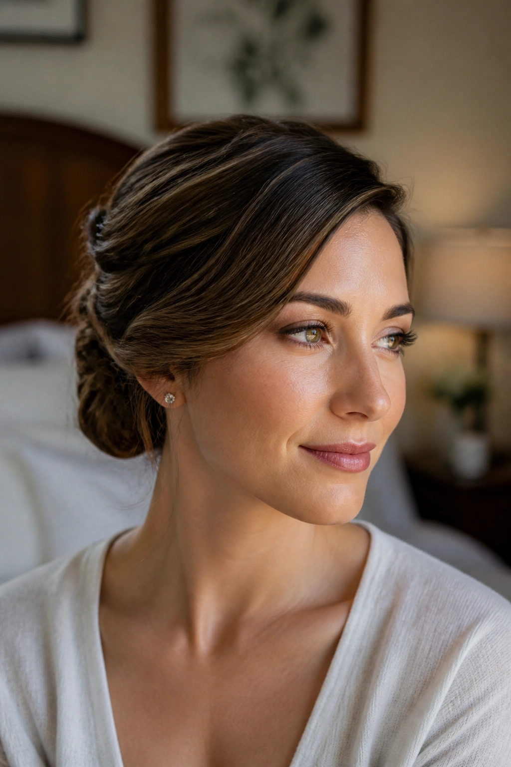 Close-up of a woman with a side-swept pinned updo, warm natural light