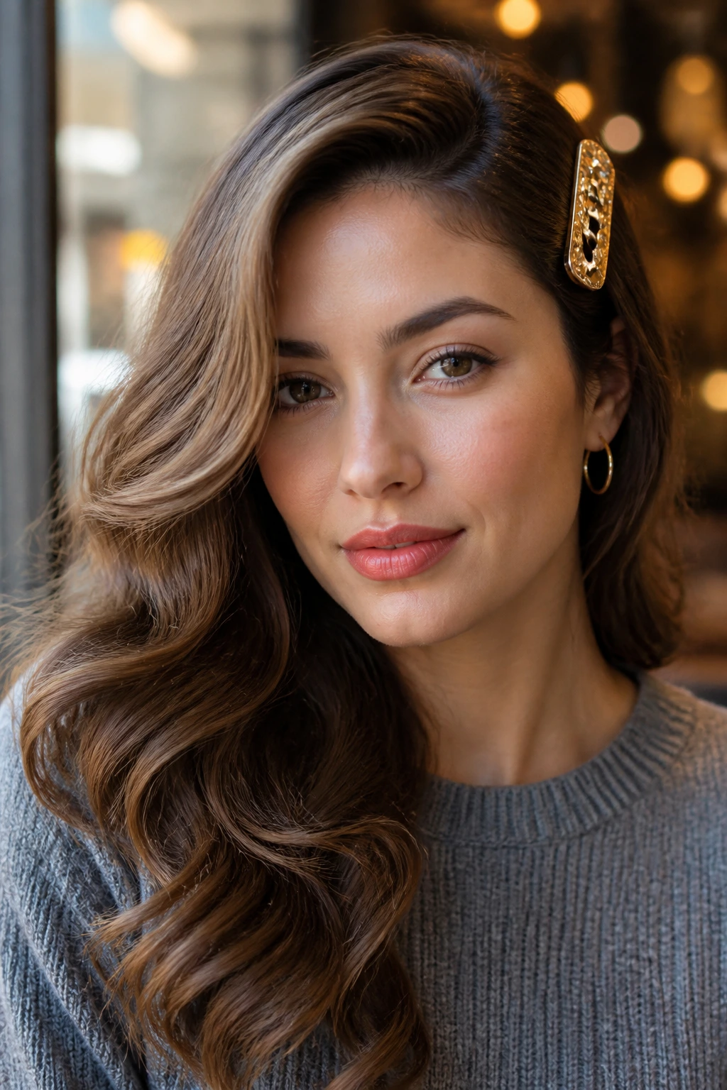 Close-up of a real woman with side-swept waves and a bold clip