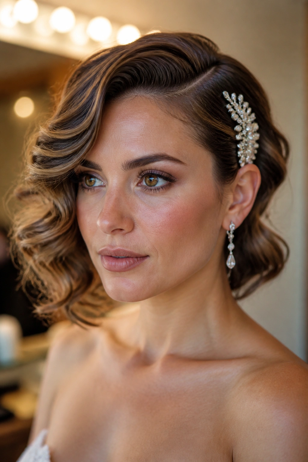 Close-up of a real woman with side-swept waves and a comb