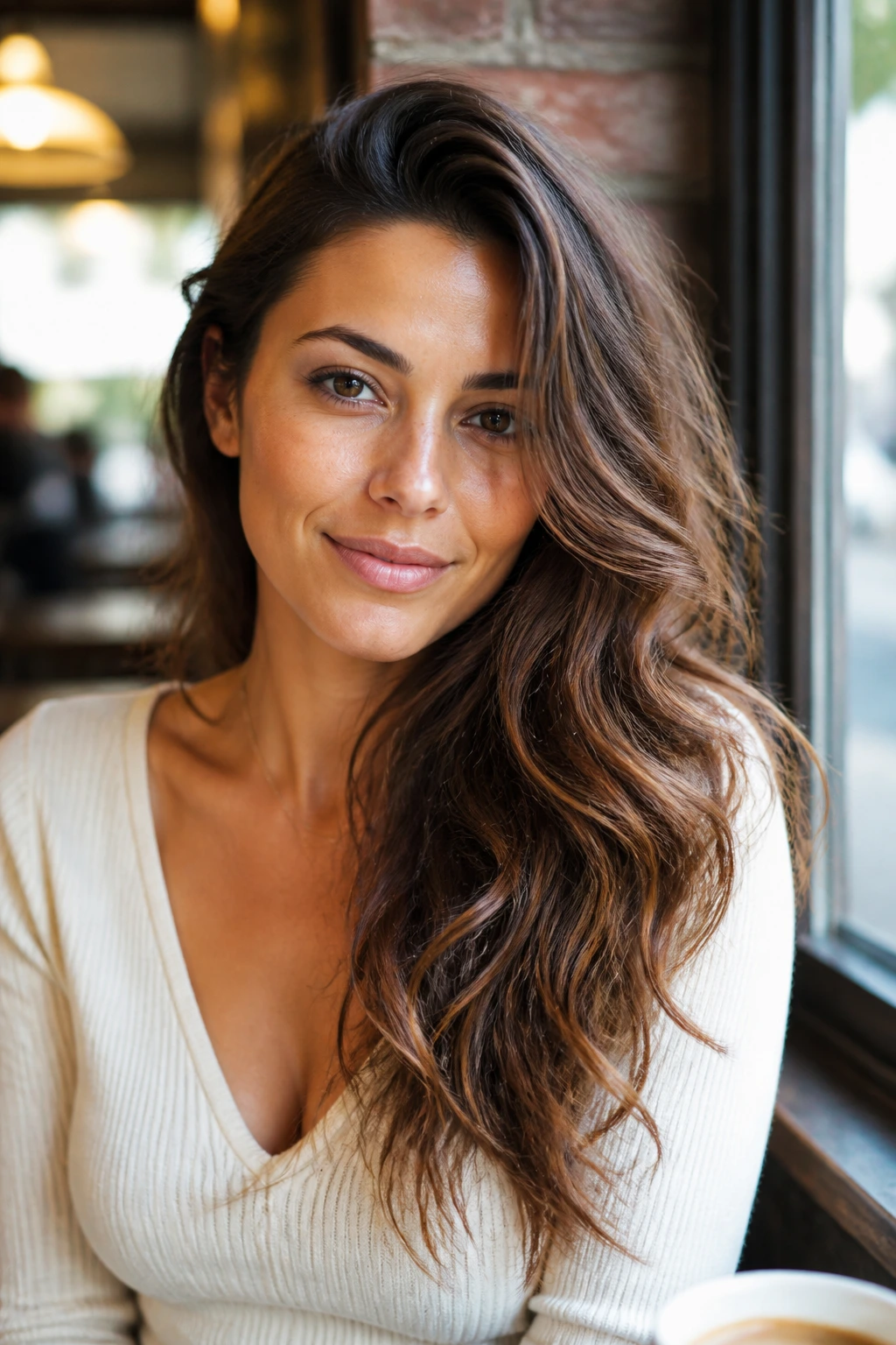 Portrait of a person with side-swept waves framing the face