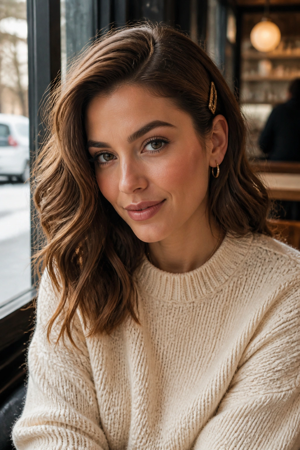 Close-up of a real woman with Side-Swept Waves hairstyle.