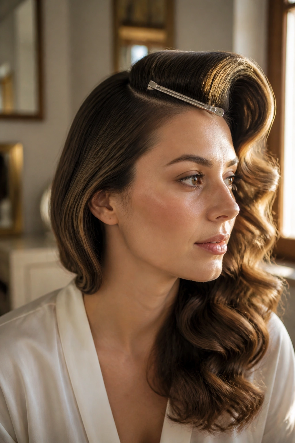 Close-up of a real woman with side-swept waves and lifted crown in soft indoor light