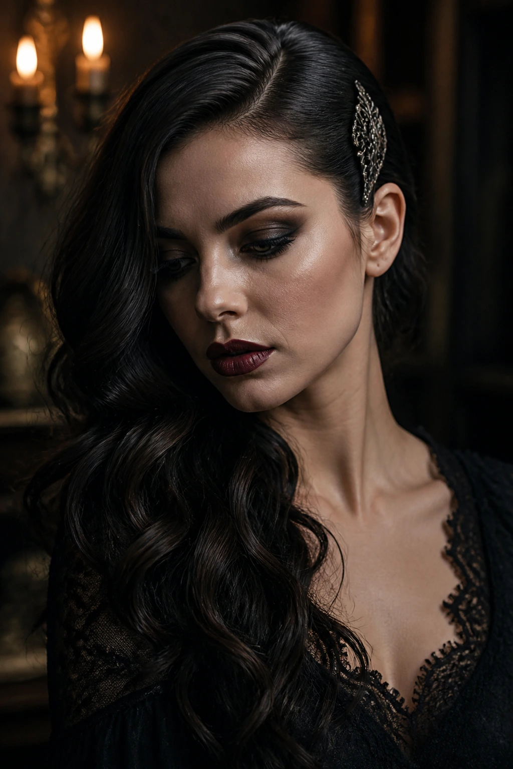 Close-up of woman with side-swept waves and ornate clip