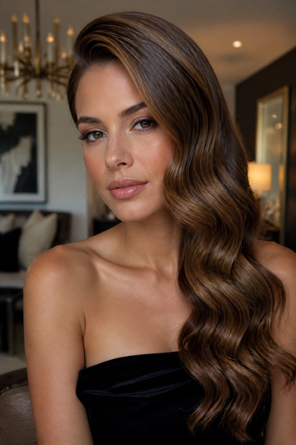 Portrait of a woman with deep side-part Hollywood waves indoors