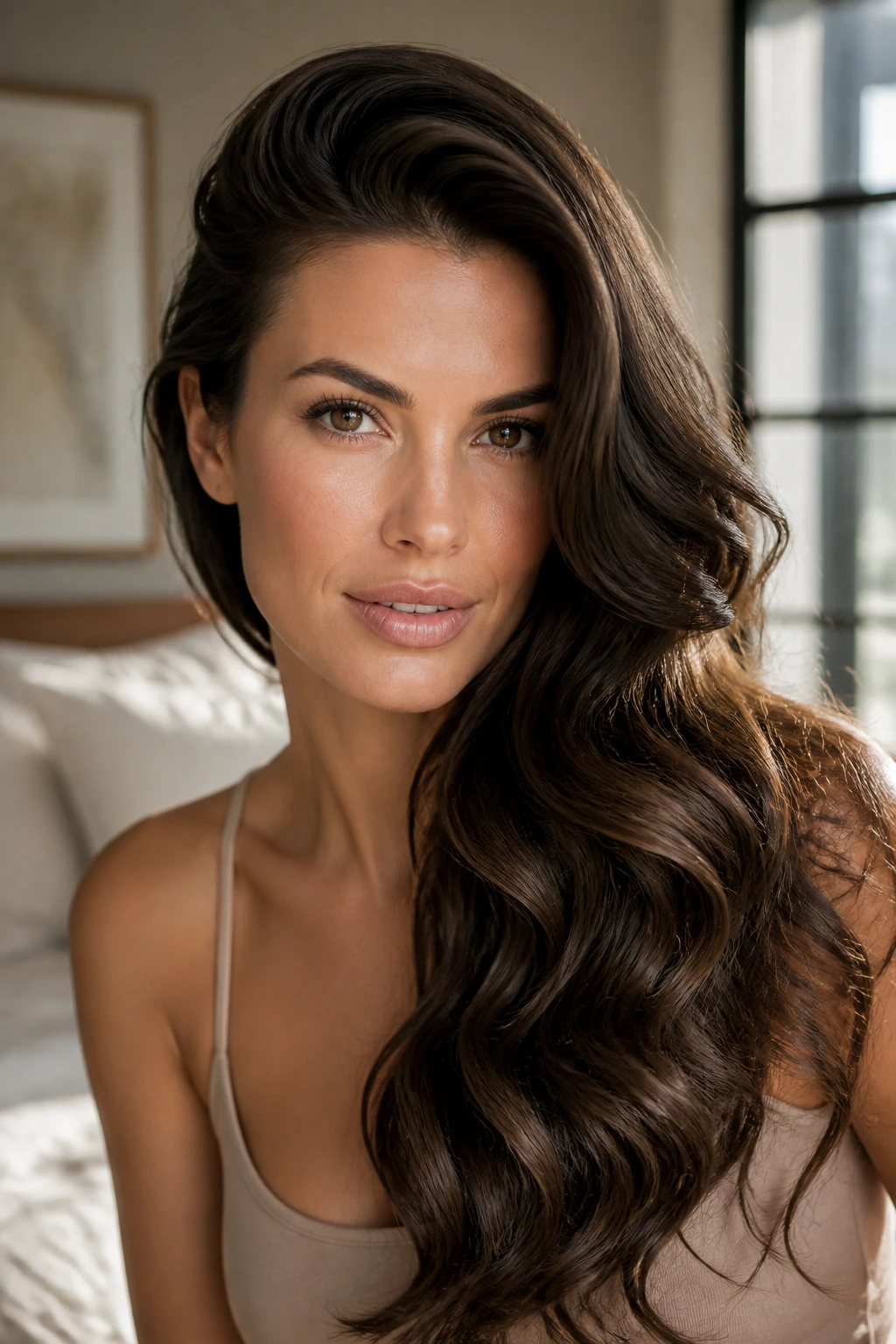 Close-up portrait of a woman with side-swept glam waves framing her cheekbones.