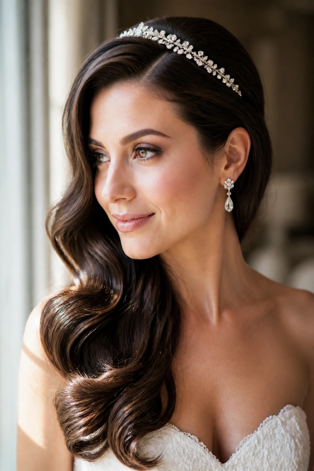 Close-up of a real bride with a deep-part side-swept wave hairstyle and a tiara