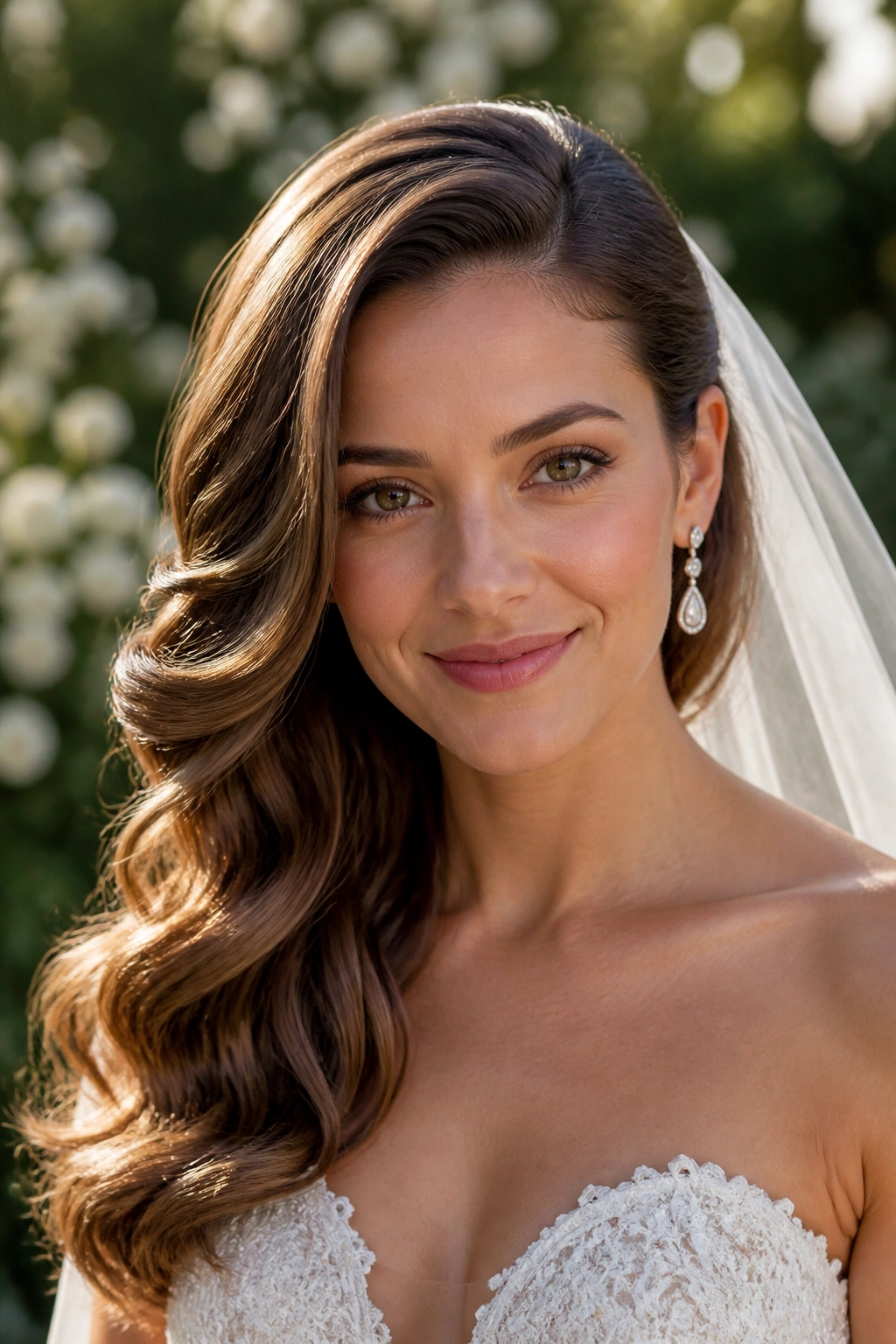 Close-up of a real bride with side-swept waves tucked behind the ear at a sunlit garden ceremony
