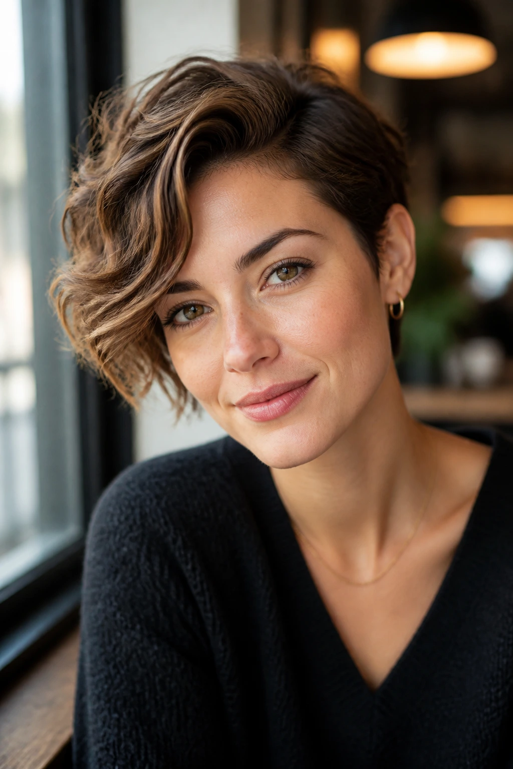 Portrait of a woman with a side-swept wavy crop and lifted roots
