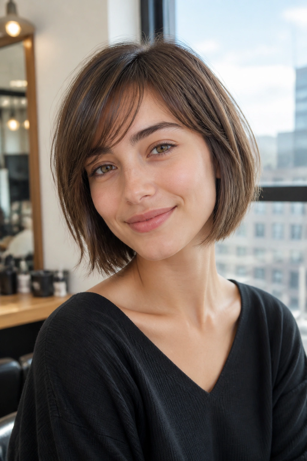 Real person with side-swept wispy bangs softening a bob in a bright salon setting.