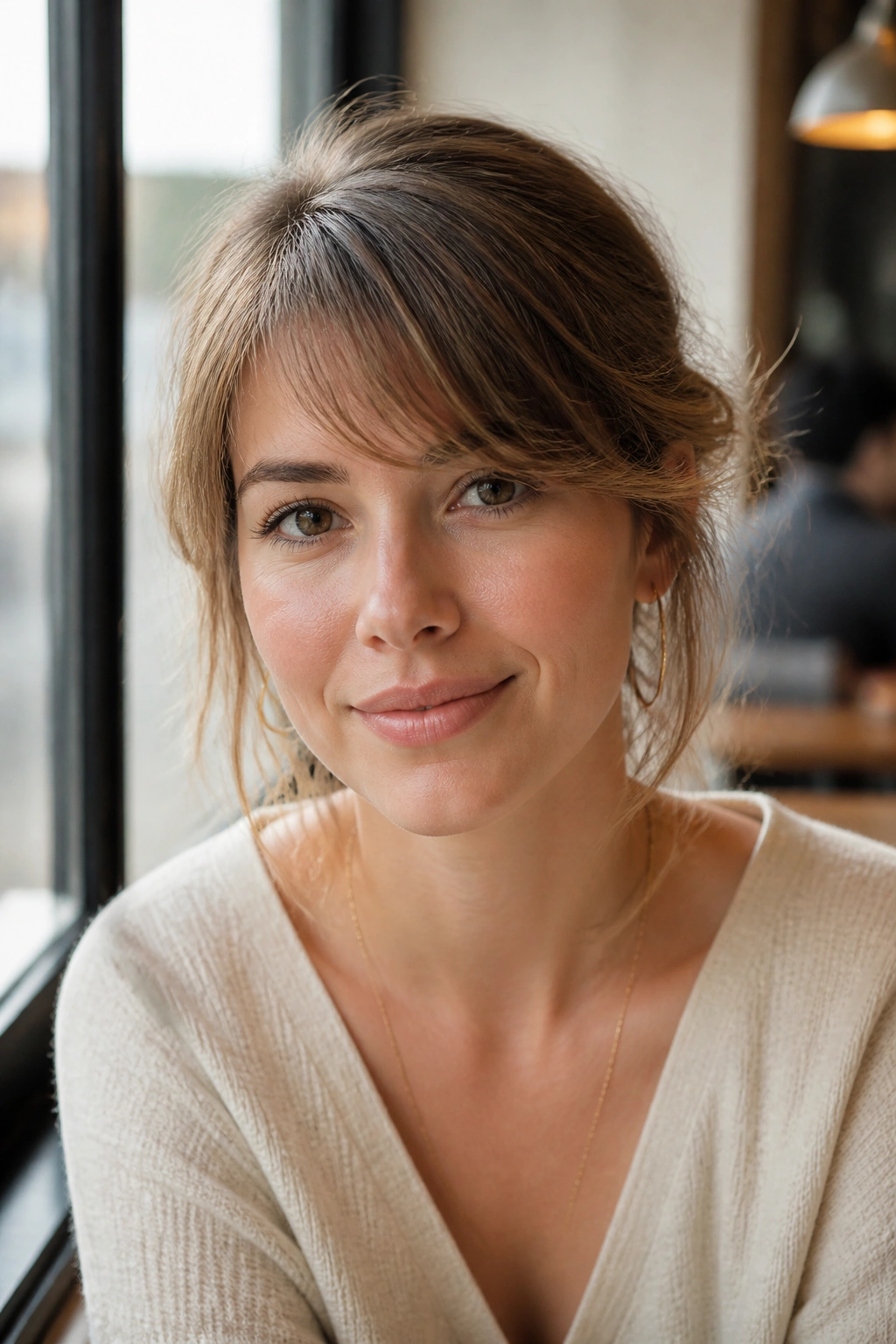 Close-up portrait of a real woman with side swept wispy bangs across one eye in cafe daylight