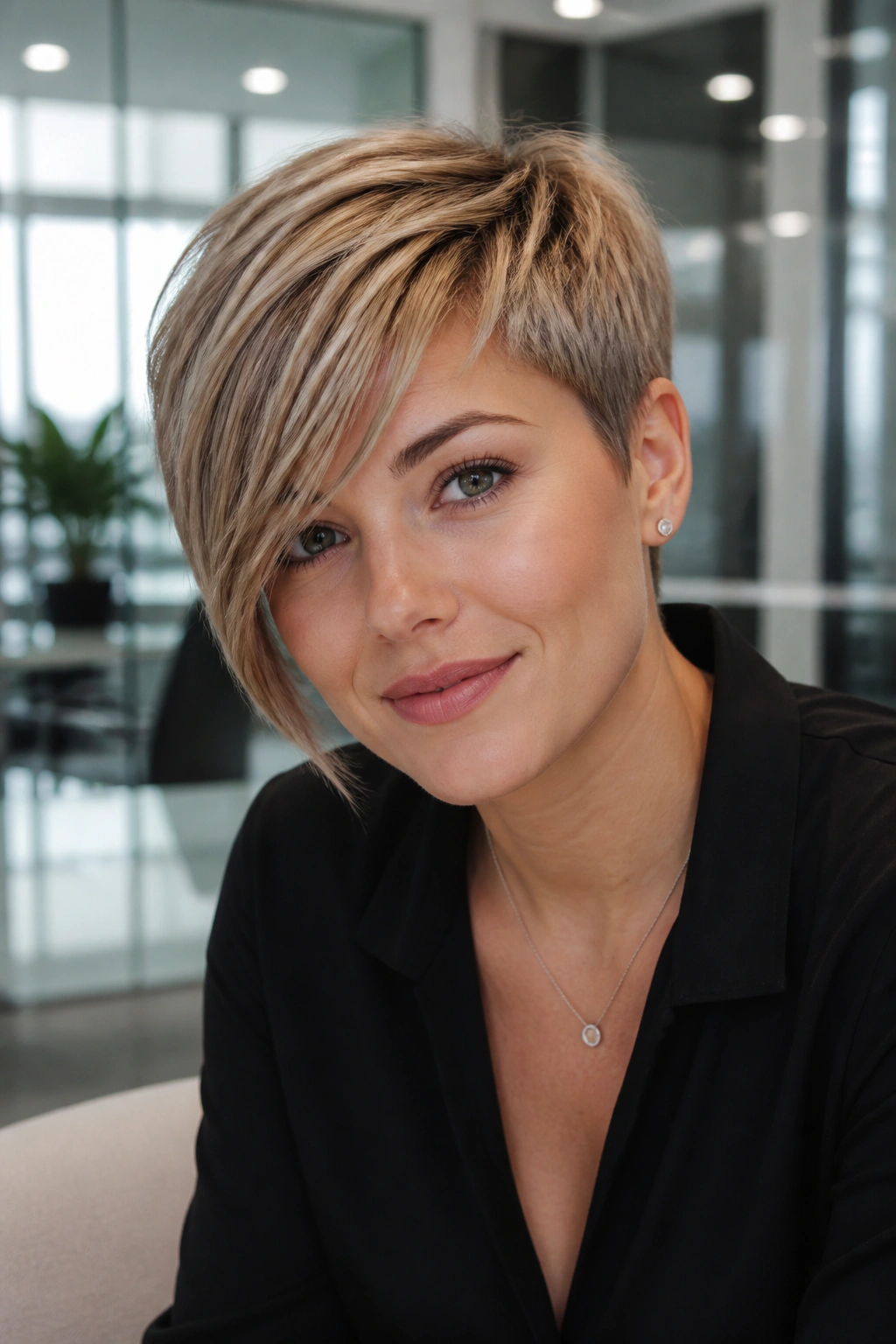 Close-up portrait of a real woman with a side-swoop pixie crop and longer front.