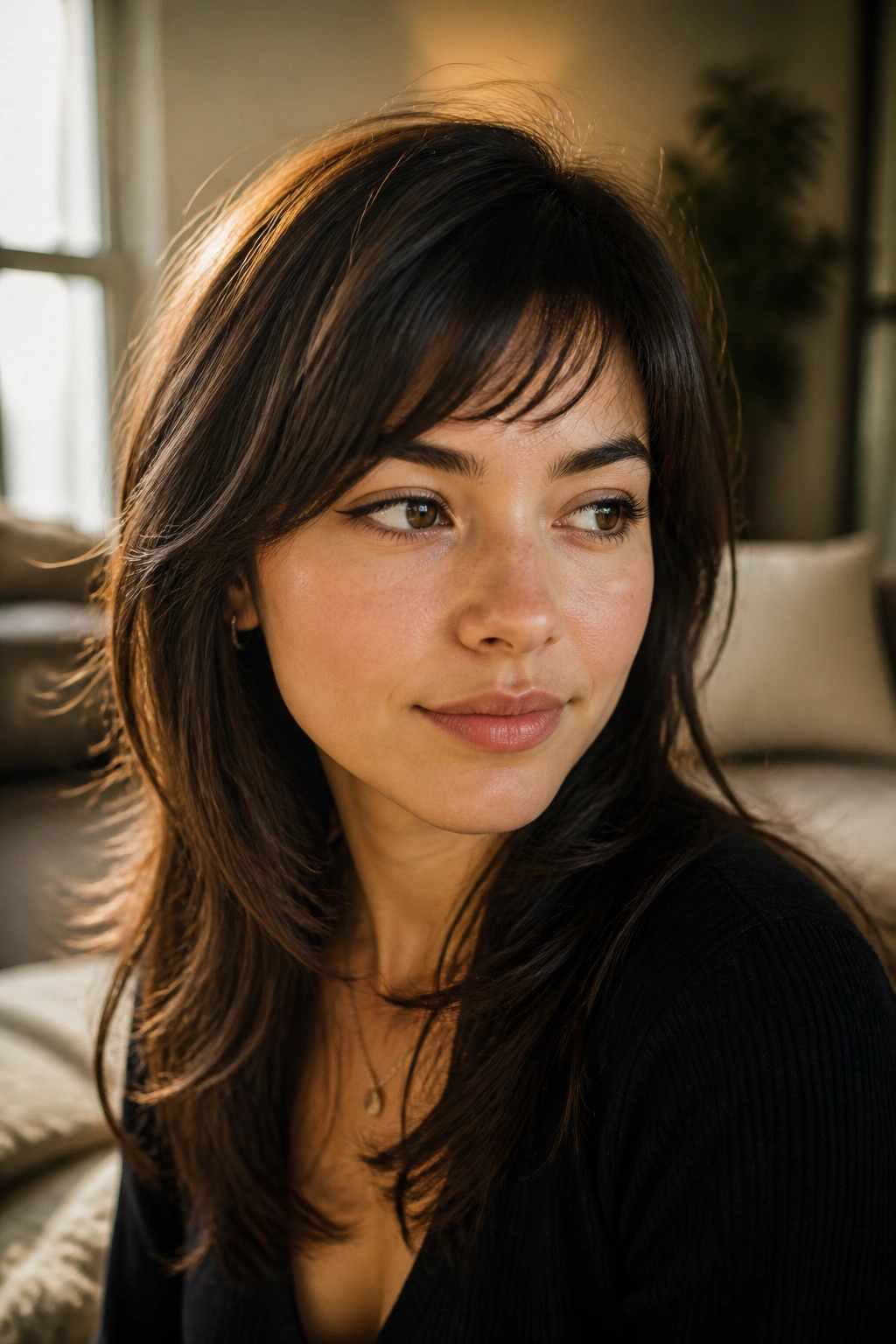 Close-up of a person with side-tilted bangs and soft layers in warm indoor light