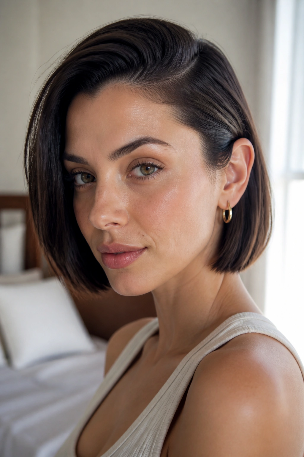 Close-up of a woman with a clean side tuck in a chin-length bob, ear visible with a small hoop