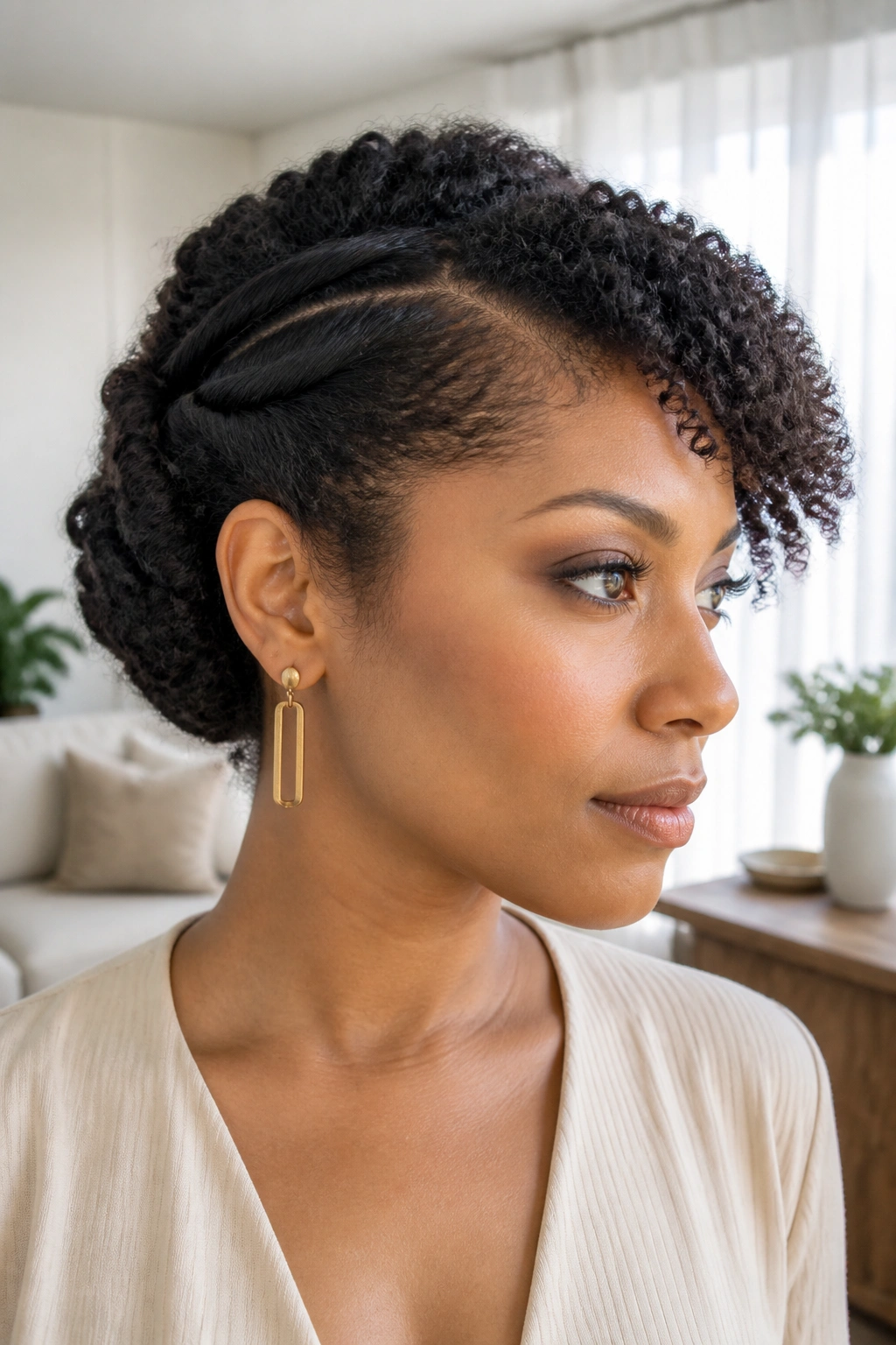 Close-up profile of a real person with a side tuck roll hairstyle