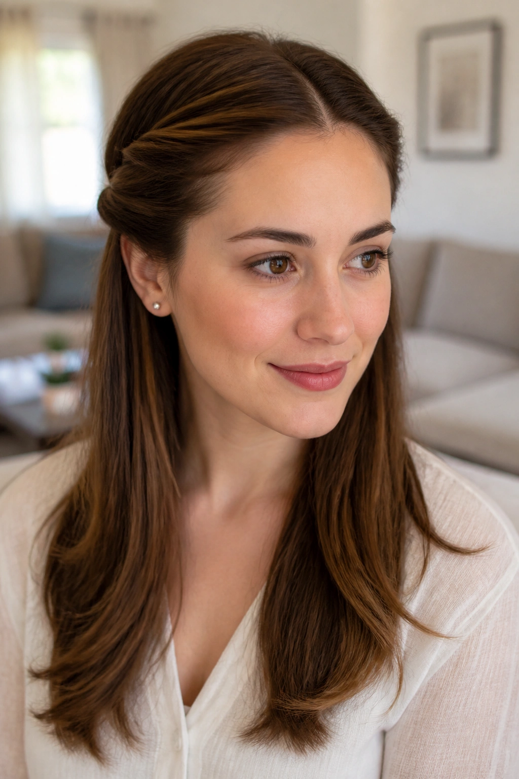 Close-up of a real woman with side twists tucked under hair