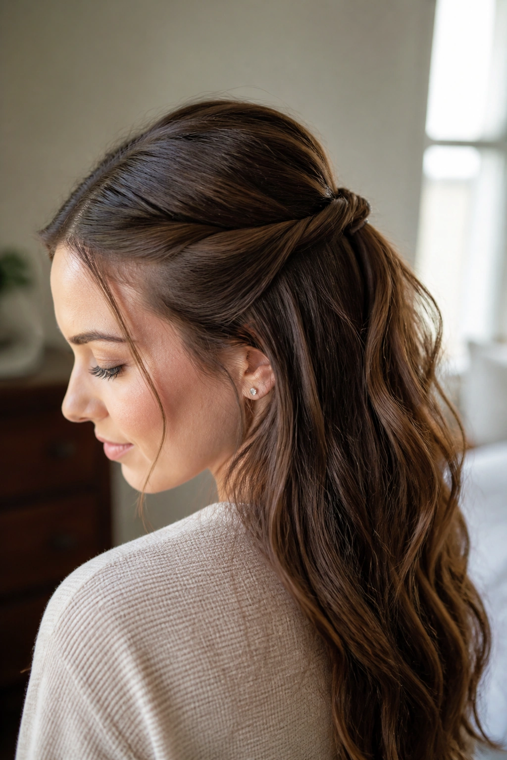 Close-up of a real person with a Side-Twisted Half Ponytail showing temple twists meeting at the crown.