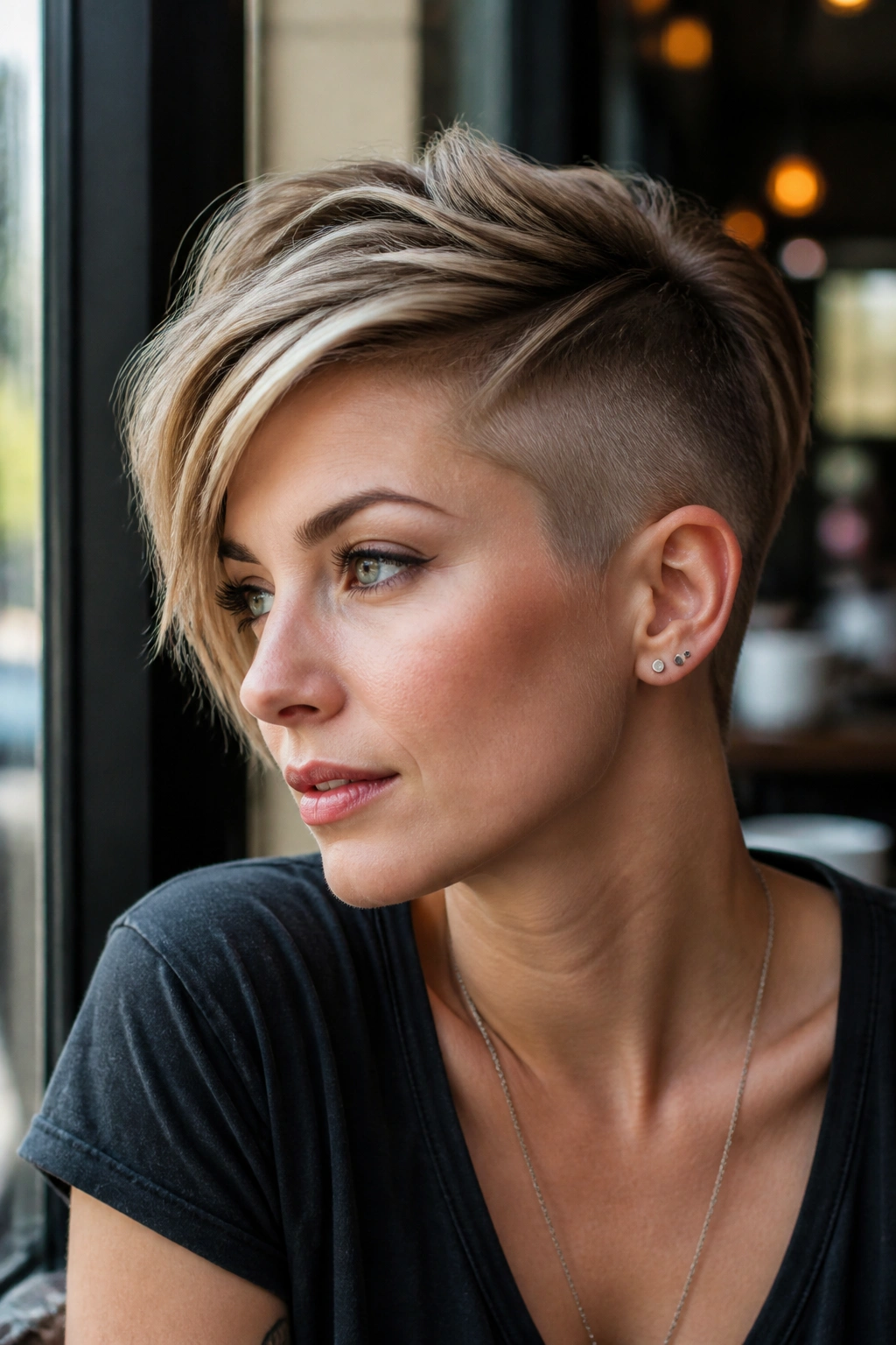 Portrait of a woman with a side undercut pixie, showing asymmetrical length.