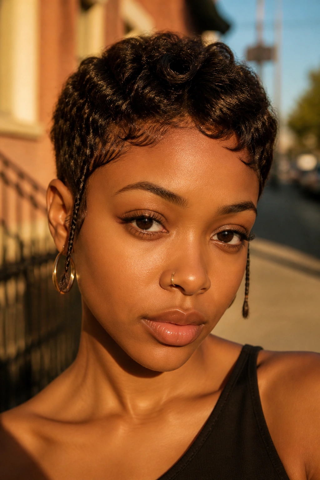 Close-up of a real woman with sideburn braids and tiny accent plaits by the ear