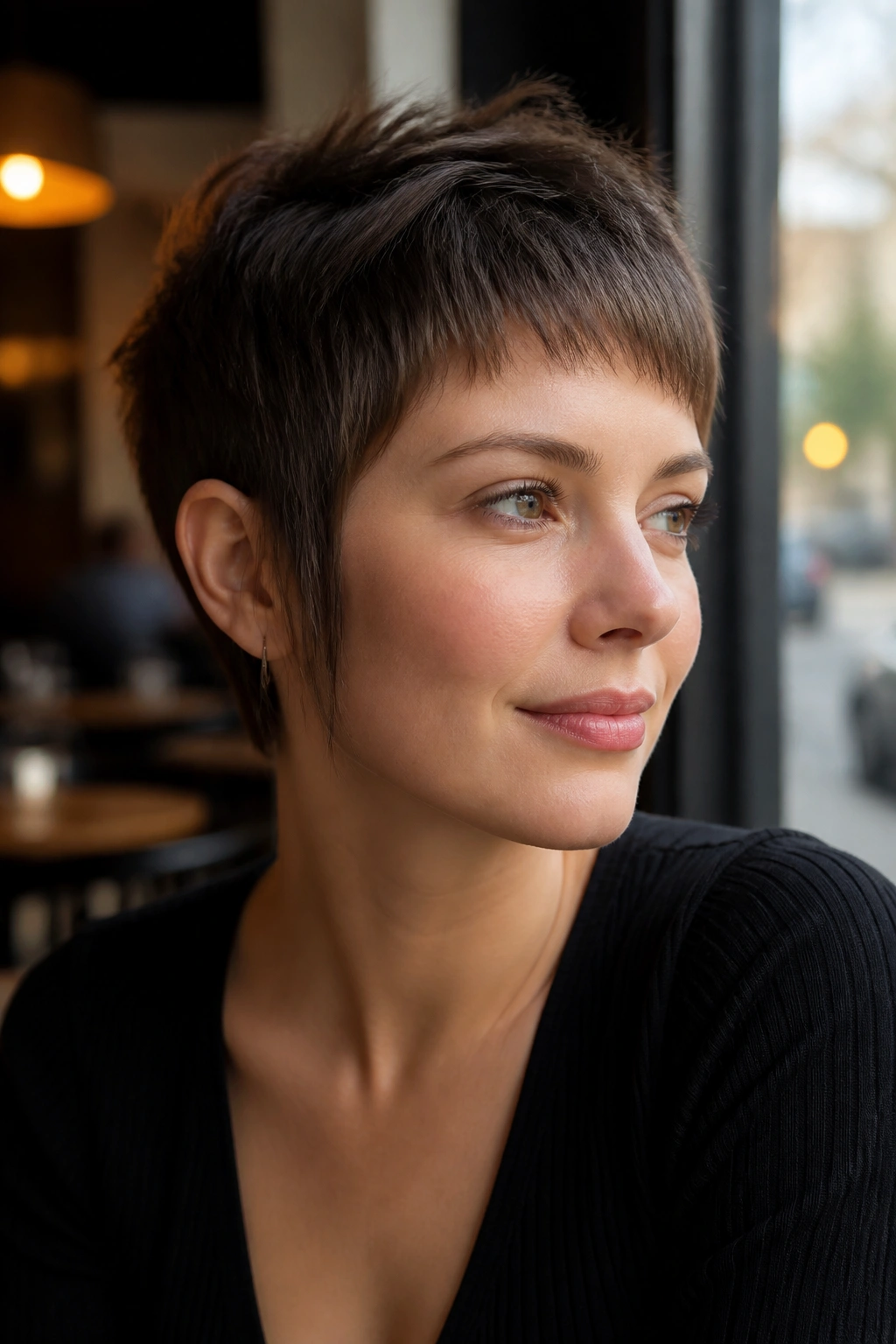 Close-up portrait of a real person with sideburn-framing pixie at cheekbone level.
