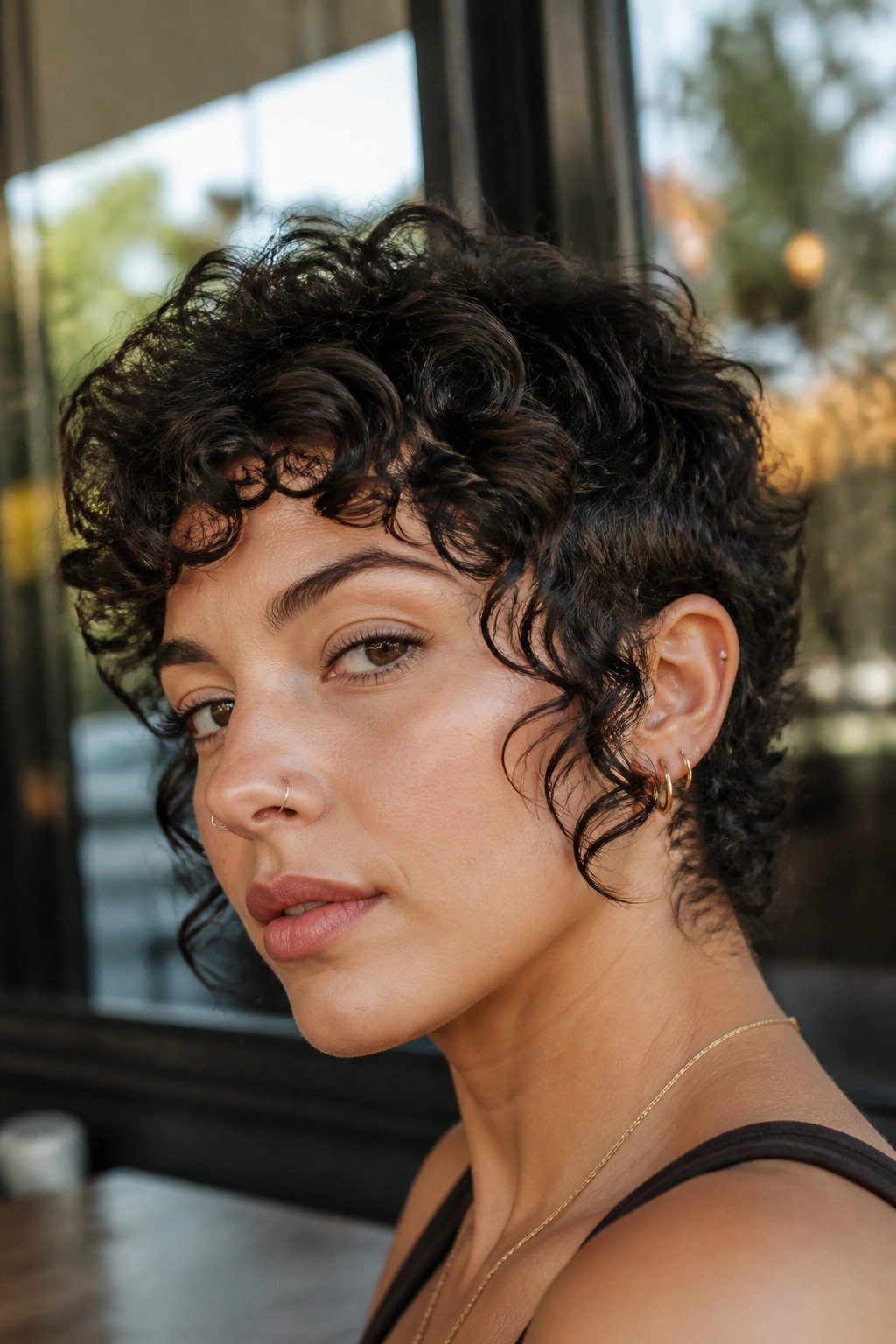Portrait of a real person with sideburn-heavy curly pixie and soft face framing.