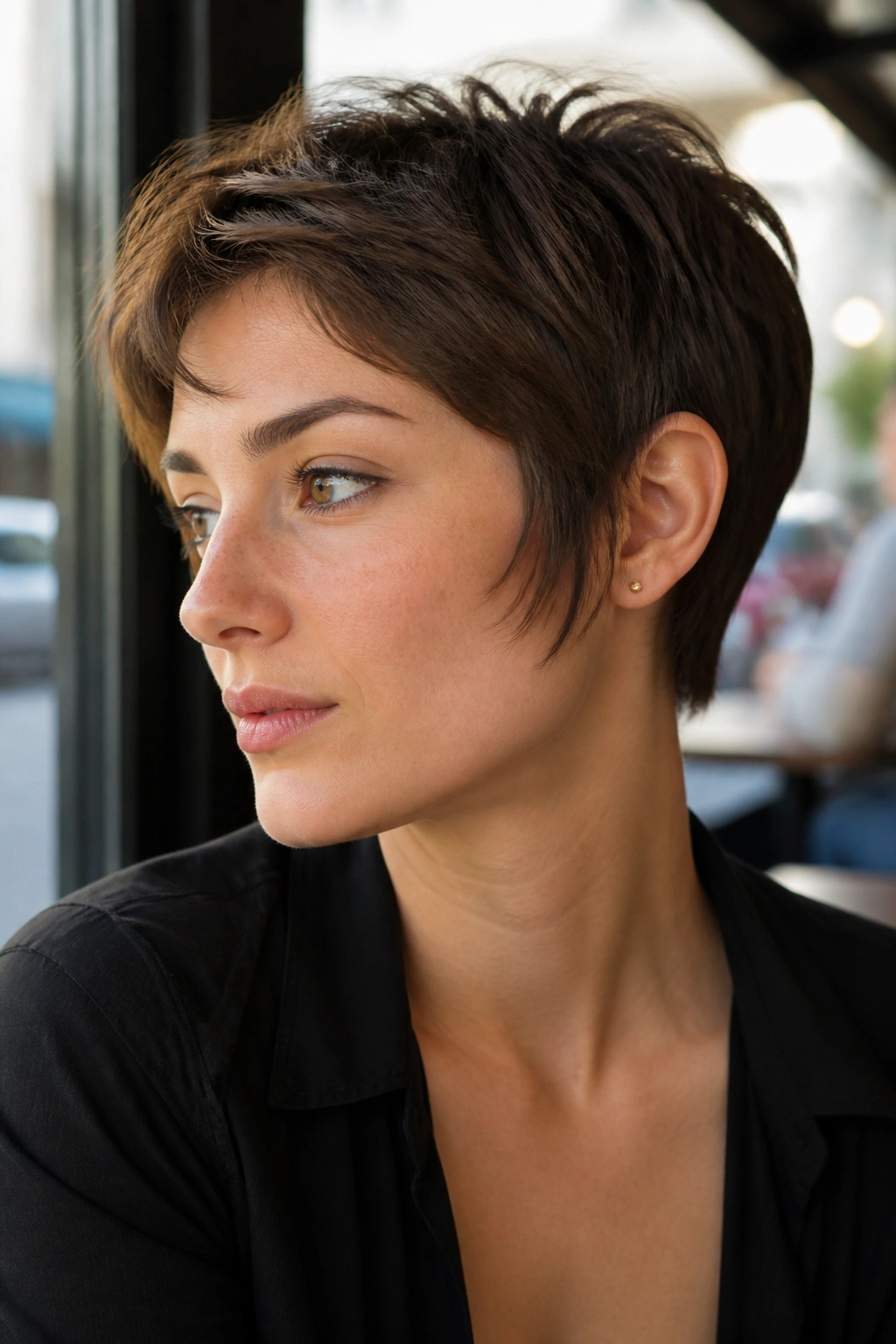 Close-up portrait of a real person with sideburn-framing pixie showing sideburns along the jawline.