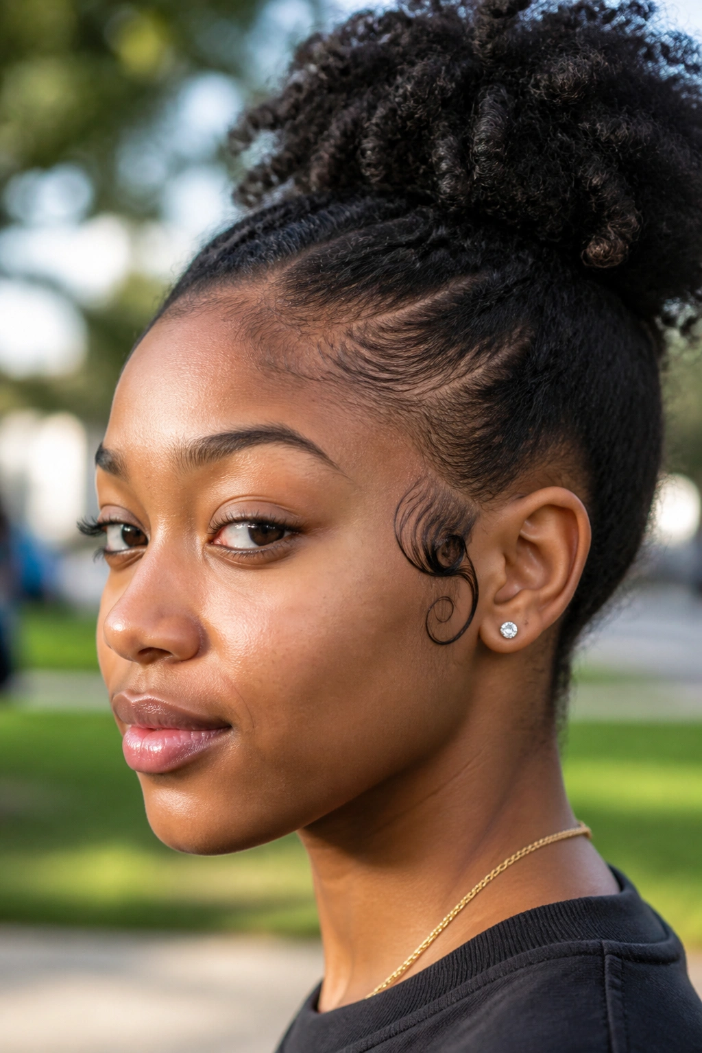 Close-up of a sideburn swirl along the hairline on a real person