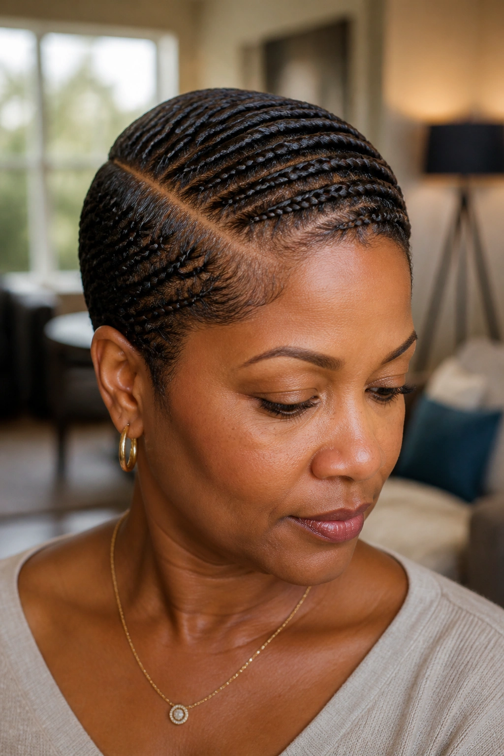 Close-up of a real Black woman with a side-part pixie braid hairstyle