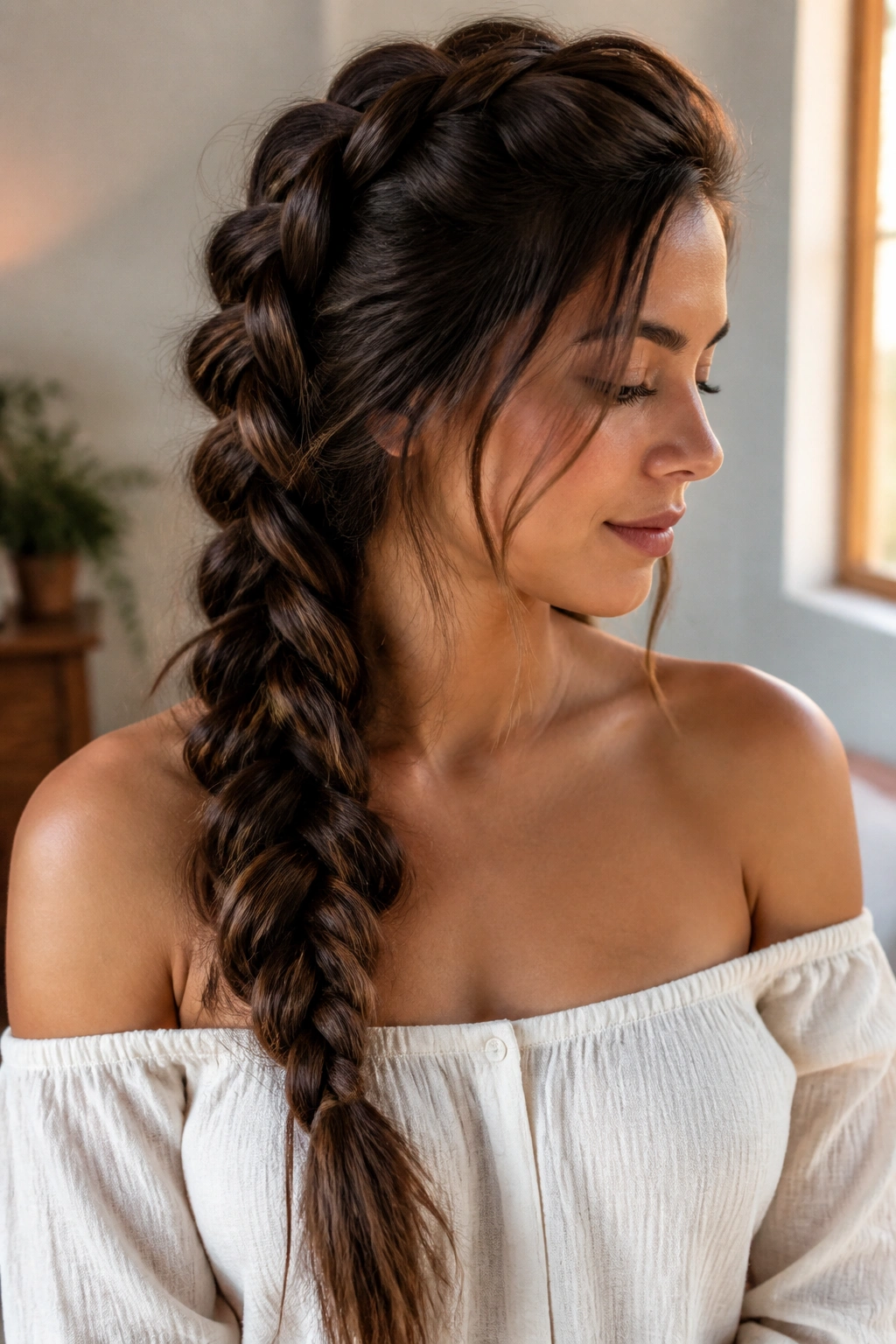 Three-quarter portrait of a woman with a side-swept Dutch braid over the shoulder.