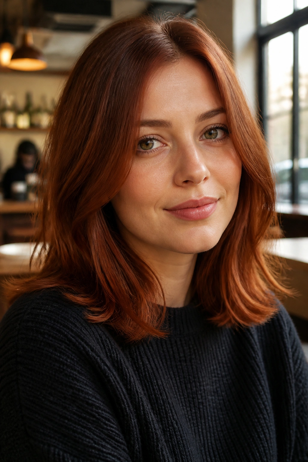 Close-up portrait of a person with Sienna Red medium-length hair in a cafe setting