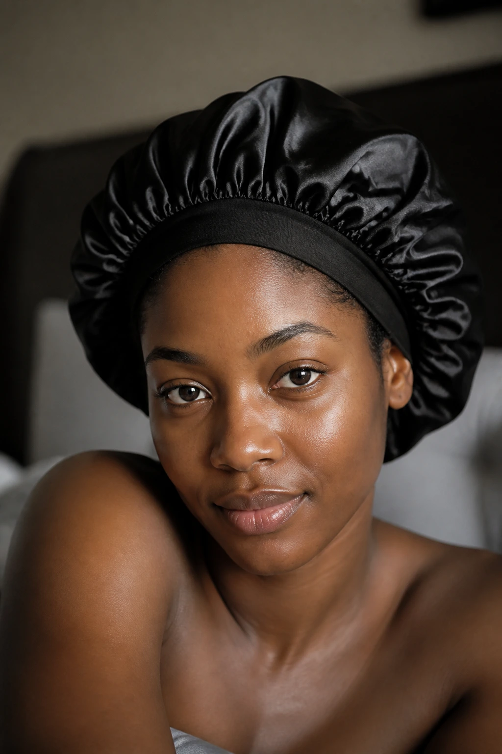 Portrait of a real person wearing a satin bonnet to protect curls.