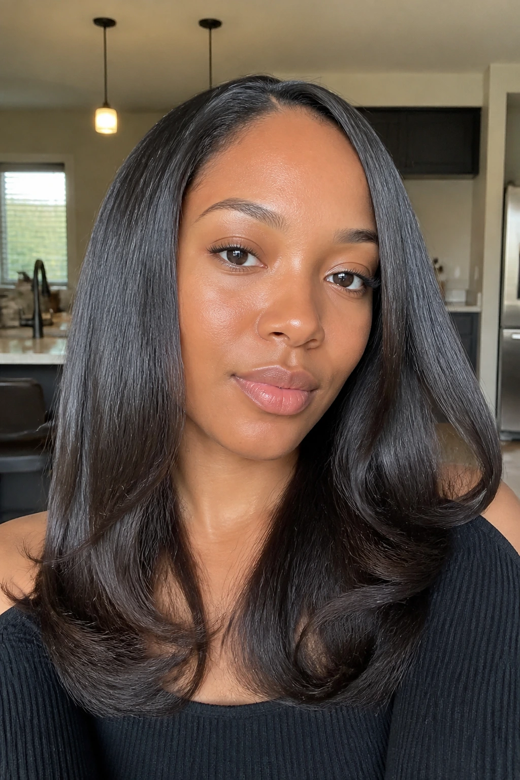 Portrait of a real woman with a silk press hairstyle.