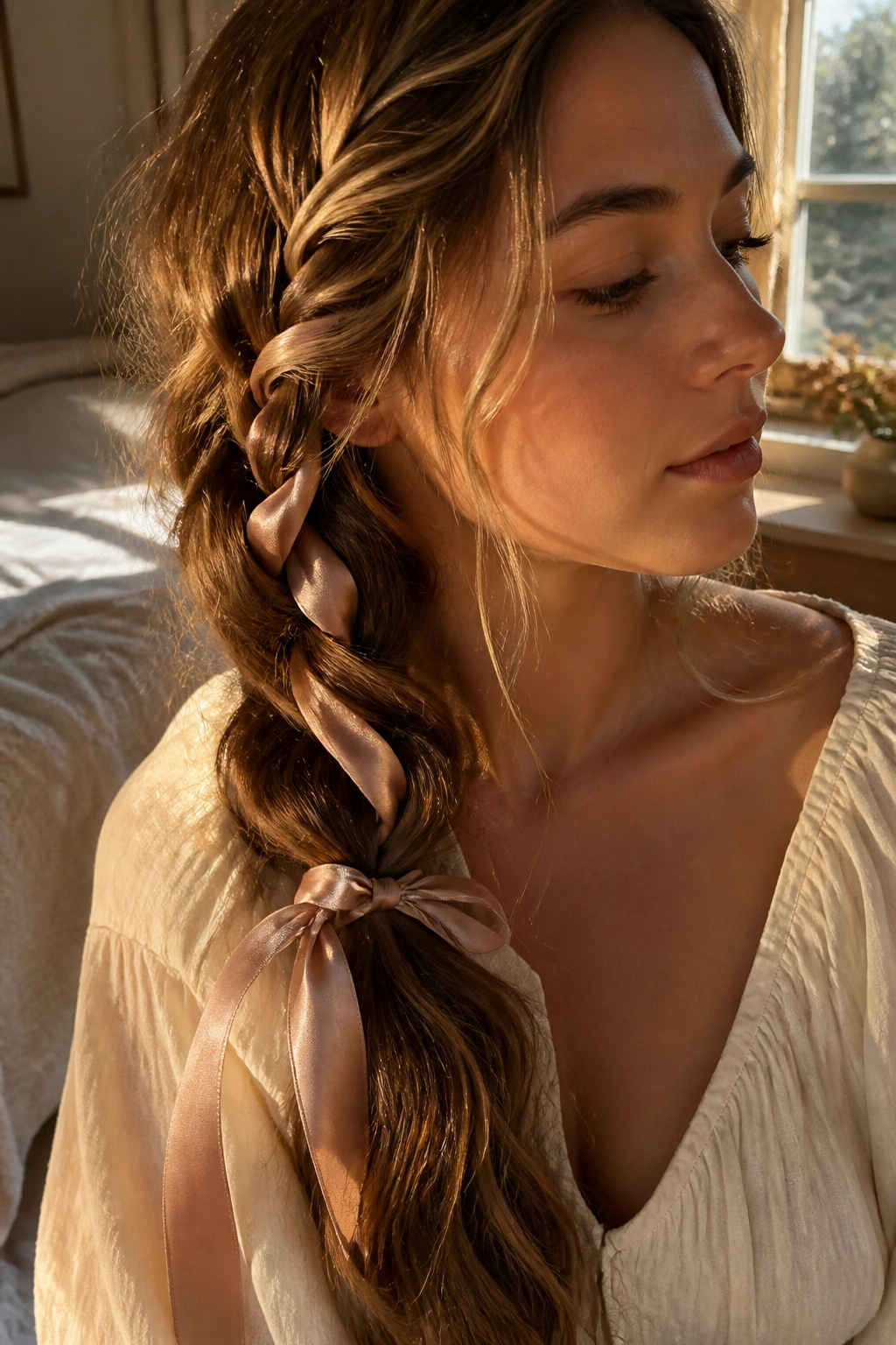 Close-up of a real woman with a loose braid woven with silk ribbons in sunlit bedroom.