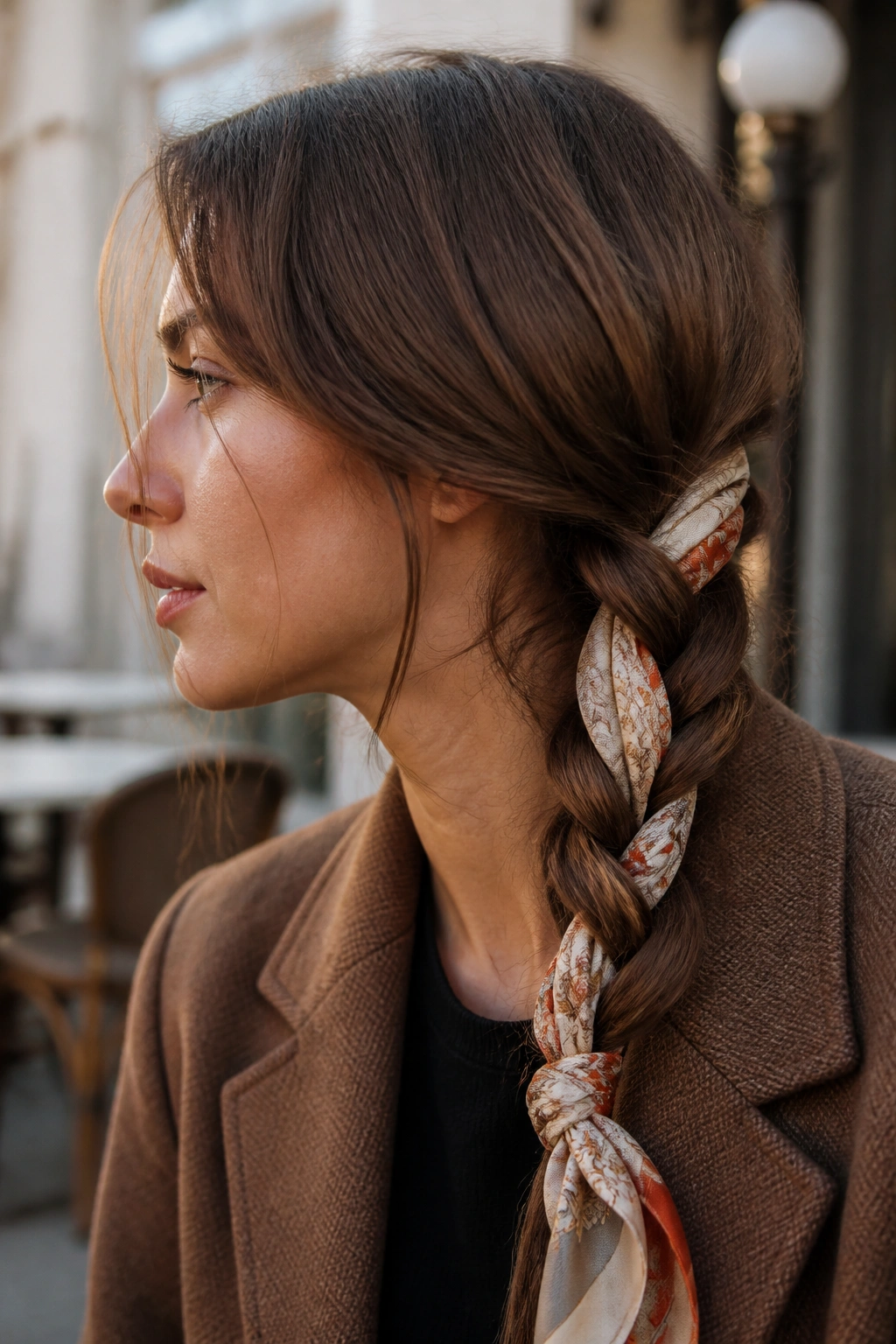 Real woman with silk-scarf tucked braid in daylight at an outdoor cafe