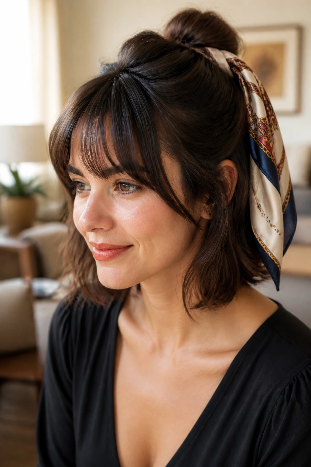 Close-up of real woman's head with silk scarf half-up hairstyle.