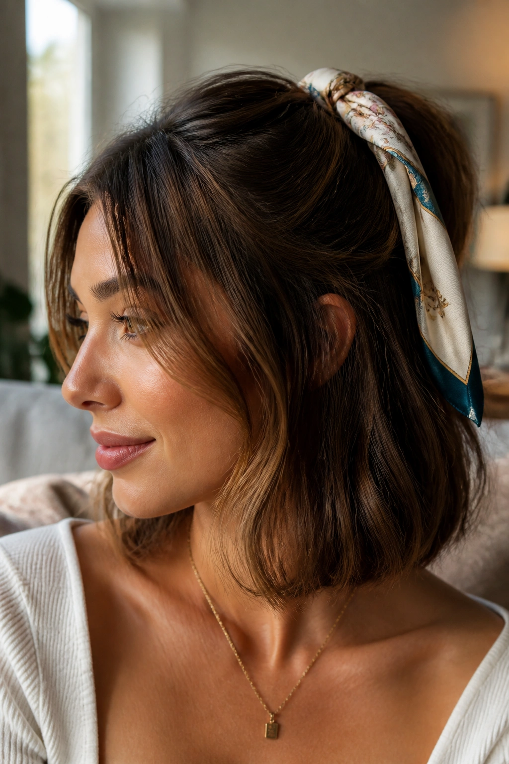 Close-up of a real woman with a lob wearing a silk scarf tied around a half-up ponytail in a sunlit living room