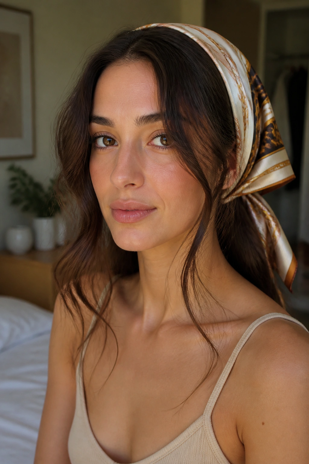 Close-up of a real woman with a silk scarf and loose waves