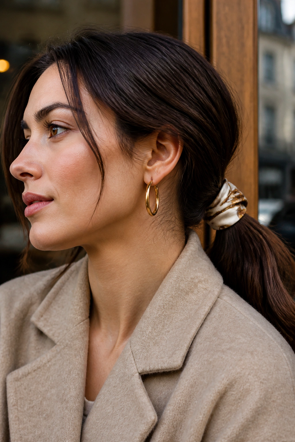 Close-up portrait of a real woman with a silk scarf wrapped ponytail in winter light
