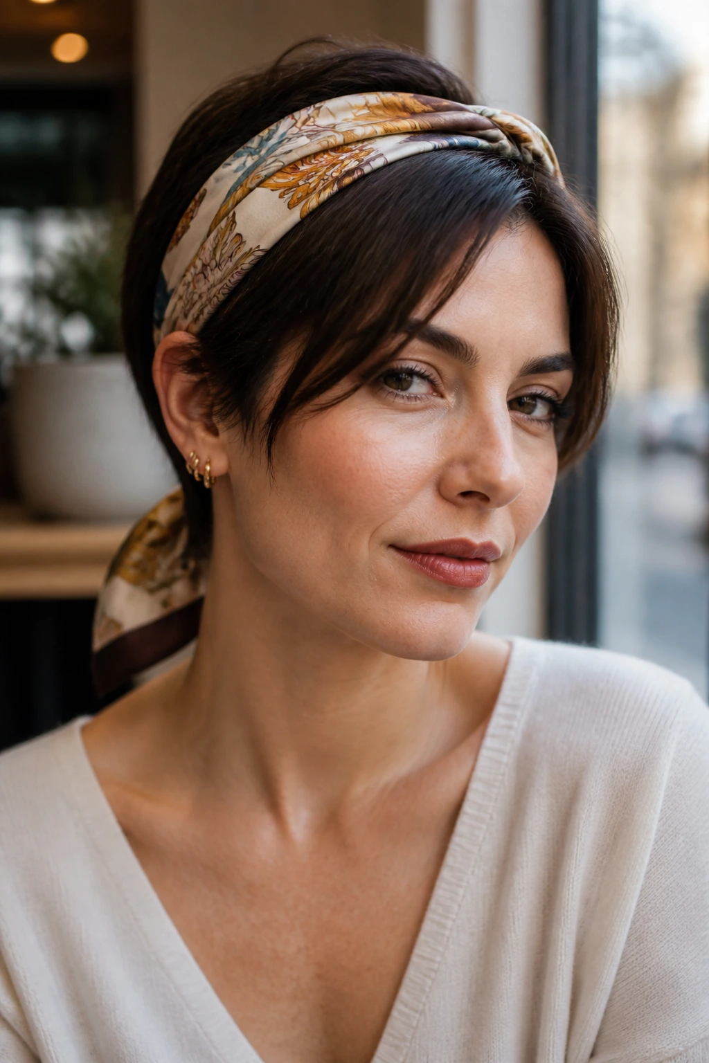 Close-up of real person with silk scarf tie-back on short hair
